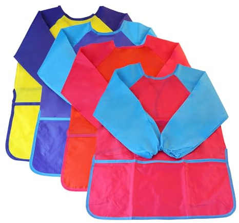 EASYKEENECOM Confezione da 4 grembiuli da pittura per bambini, grembiuli da lavoro per bambini con maniche lunghe e tasche, grembiuli da lavoro impermeabili per bambini (64 * 40 cm)