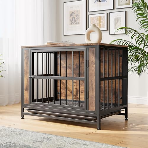 VECOCHO Hundlåda, möbler, slitstark hundbur för stora/medelstora hundar, trä hund kennel inomhus, hundhus med avtagbar bricka, dubbla dörrar, husdjurslåda, sidobord, tuggbeständig, rustik brun