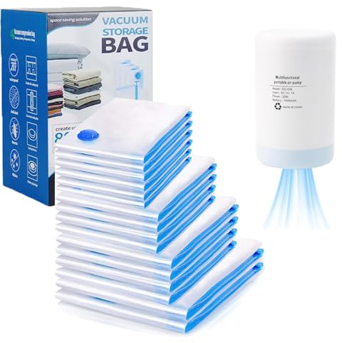 Bolsas de Vacío para Ropa con Bomba Eléctrica, Paquete de 12, Reutilizables Bolsas al Vacío para Mantas, Edredones, Almohadas, Viajes, Material PA+PE