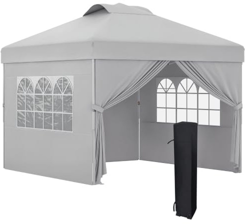 Outsunny Gazebo Pieghevole 3x3 m Pop Up Altezza Regolabile Grigio Chiaro | Porta, 2 Finestre, Borsa da Trasporto, Gazebo da Esterno, Acciaio Oxford, UV30+, Giardino, Feste, Campeggio