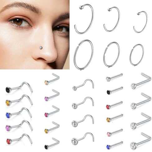 FENQURO 30 Pcs piercing naso, 20G Acciaio Chirurgico Piercing Naso Brillantino, Cerchio Farfalla Serpente CZ Argento Gioielli Donna Uomo