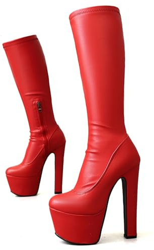 Ceciloroda 17cm Ultra-High Block Heels Pole Dance Schuhe Knee High Stretch Stiefel Plateau Dressy Stiefel Stripper Heels für Damen Exotic Lack Red Size 37