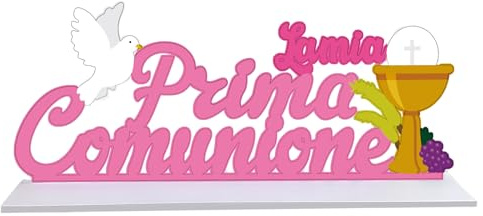 Centrotavola Prima Comunione Bambina 3D in Legno – Decorazione Artigianale con Calice, Colomba, Uva, Spighe – Idee Regalo o Bomboniere Comunione Bomboniere Festa Prima Comunione (Rosa)