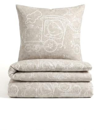 biberna Premium Melange-Flanell Bettwäsche 135x200 cm beige | Biber 2-teilig mit Kissenbezug 80x80 cm | 100% Baumwolle | wärmend | Reißverschluss | Kinderbettwäsche | Lokomotive | Modell 0840521
