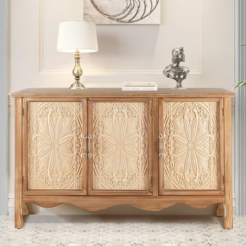 SUNVIVI Vintage Sideboard Storage Cabinet with 3 Carved Doors, Solid Wood Buffet Table with Adjustable Shelves, Large 125cm Accent Cabinet for Living Room, Kitchen, Hallway, Distressed Natural