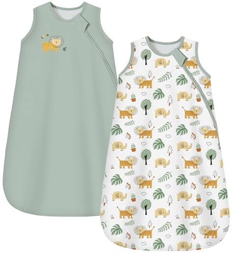 Chilsuessy Baby Schlafsack 1.5 Tog 2er Pack Ganzjahresschlafsack 100% Baumwolle Winter Babyschlafsack für Neugeborene, 1.5 Tog/Hellgrün + Löwenwald, 67cm/0-6 Monate