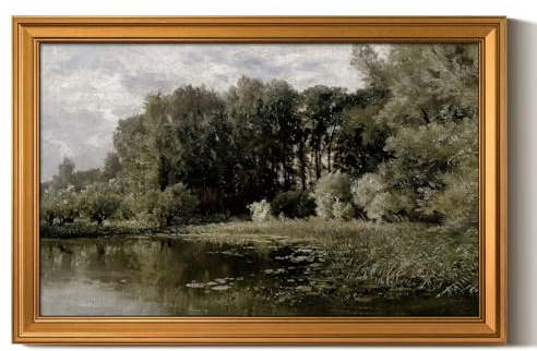 ARPEOTCY Vintage Goldener Rahmen Wandbilder Wohnzimmer, Wanddeko mit, Leinwand Bilder Wandbilder für Wohnzimmer & Schlafzimmer, Wald am Fluss 61L x 91.5W