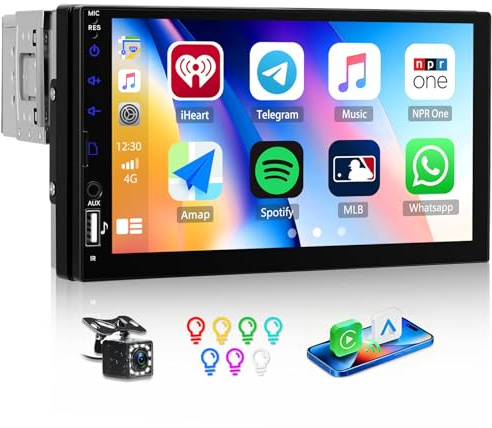 GOHHDL Radio para Coche 1 DIN con CarPlay inalámbrico Android Auto, Pantalla Táctil de 7 Pulgadas con Bluetooth Manos Libres, Mirror Link, FM Radio, EQ, AUX/USB/TF, SWC, Cámara