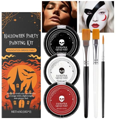 Maquillage Visage Halloween | Peinture Visage et Corps Blanc Noir Rouge avec Pinceaux,Couleurs Vives, Kit de Maquillage pour Halloween, Spectacle et Fête, Femmes et Hommes