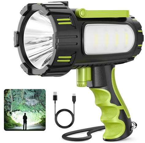 AlpsWolf Rechargeable Spotlight Flashlight, 100000 Lumen Super Bright Handheld Spotlight, IP68 Waterproof Searchlight with Foldable Stand & 3 Color Lens for Camping Hunting Emergency
