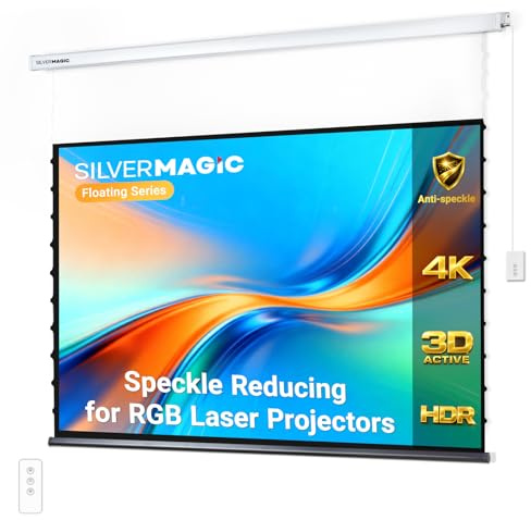 Tensioned Motorized Projector Screen for RGB Laser Projectors by SilverMagic - Speckle Reducing, White Floating Screen for Home Theater/Living Room/Patio/Office/Classroom - 100 Inch 16:9