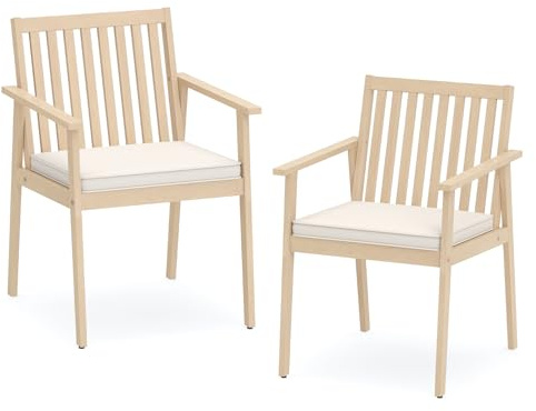 COSTWAY Gartenstühle Akazienholz 2er Set, Holzstühle mit Kissen und Armlehnen, Balkonstühle, 180 kg Tragfähigkeit, für Balkon, Garten, Terrasse (Graulich-weiß)