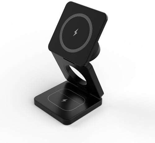 Foldable 3-in-1 Magnetic Wireless Charger for iPhone 17/16/15/14/13/12 Apple Watch, AirPods Pro Qi-Enabled 15W Android Devices MagSafe Travel Portable Charging Station Lightweight Fast (Black)