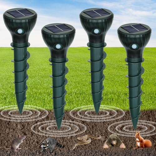 Ahuyentador de Topos Solar, Repelente de Ratones Ultrasónico 4 Piezas, Ahuyentador Animales para Repeler Topillos, Topos, Serpientes y Roedores de Jardines,Anti Toposs,contra Plagas