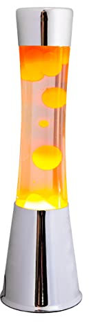 Fisura - Lampada lava arancione. Base argento cromato, liquido trasparente e lava arancione. Lampada ad effetto rilassante. Con lampadina di ricambio. 11 cm x 11cm x 39,5 cm.
