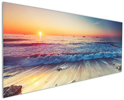 Wallario Küchenrückwand aus Glas 125 x 50 cm, Motiv: Sonnenuntergang am Meer mit Wellen am Strand | Spritzschutz abwischbar & pflegeleicht