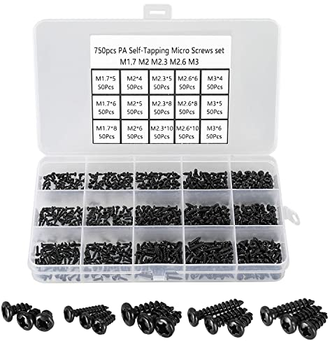FandWay 750Pcs Very Small Self Tapping Screws Set,Tiny Micro Repair Screws Kit,Black Mini Pan Head Screw M1.7 M2 M2.3 M2.6 M3 for Plastic Wood Watch Spectacles Toy Laptop PC SSD Electronic Repair.