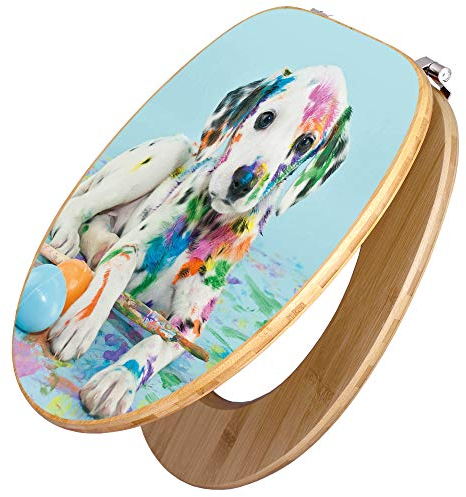 banjado Design WC Sitz Bambus 45x37,5cm / Toilettendeckel Holz/hochwertiger Toilettensitz/Bambus-Toilettendeckel für alle gängigen Toiletten - Bunter Dalmatiner
