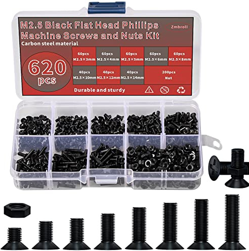 Zmbroll 620 Pcs M2.5 Flat Head Machine Screws Black Phillips Screws Bolts Nuts Assortment Kit M2.5 x 3mm/4mm/5mm/6mm/8mm/10mm/12mm/14mm