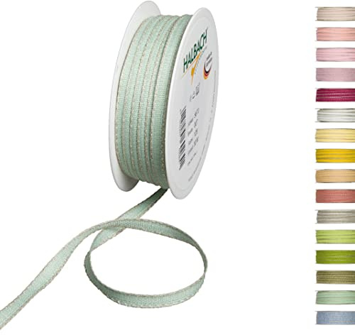 Halbach Dekoband mit Leinenkanten, 7 mm x 30 m, mint/leinen | Dekorationsbändchen mit Leinenkanten, meliert, wetter-/farbecht, Made in Germany und Öko-Tex 100 zertifiziert