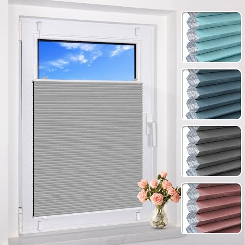 BelleMax Wabenplissee ohne Bohren Verdunkelung Thermo Plissee Klemmfix, Hellgrau-weiß 80x110 cm (BxH), 100% Blickdicht Verdunklungsplissee, Schallschutz Sonnenschutz Doppelplissee für Fenster