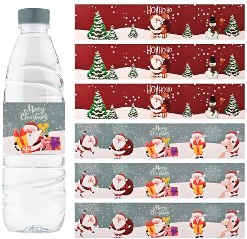 URROMA Frohe Weihnachten Wasserflaschen-Etiketten selbstklebend, 48 Stück rot und grün, Weihnachtsmann-Weihnachtsverpackungen, Aufkleber für Party, Weihnachten, Trinkwasserflaschen-Etikett