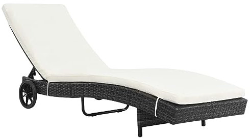 Homgoday Sonnenliege mit Rollen und Auflage Rattanlliege Gartenliege Sonnenliege Relaxliege Strandliege Balkonliege Freizeitliege für Garten Balkon Poly Rattan Schwarz