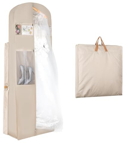 Syeeiex Premium Kleidersack Lang 180x60x30 cm Faltbare Kleidersäcke Beige | Atmungsaktiver Kleiderhülle, Kleidersäcke mit Reißverschluss, Kleidersack mit Netztaschen, Brautkleid Mantel für Reise
