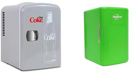 Koolatron Diet Coke Mini Fridge 4L Small Fridge 6 Can Table Top Mini Fridges 12V Portable Cooler Grey + Retro Mini Fridge 6L 8 Can Quiet Mini Fridges for Skincare Food Drinks Home Car & Travel Green