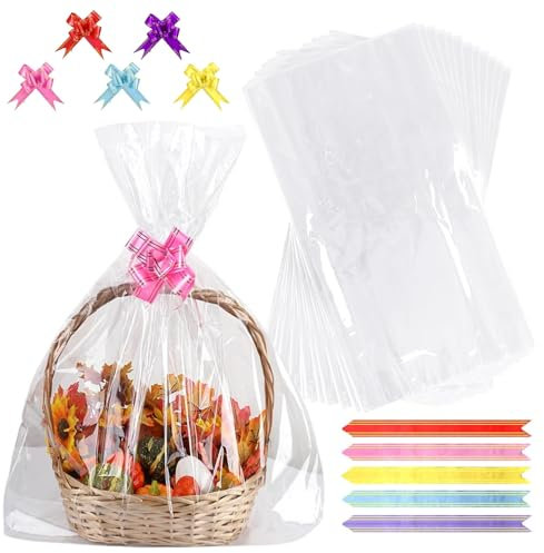 INNAL 20 Pcs Grands Sacs en Cellophane Set, 10 Transparent Emballage Cadeau 100 x 70 cm Grands Sacs en Cellophane Transparente avec 10 Nœuds pour Paniers Cadeaux Artisanat Fleurs