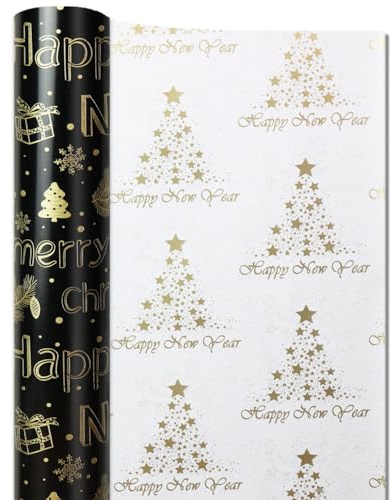 FullJoyHut 43cm x 15M Wendbares Weihnachtsgeschenkpapier, Goldenes Geschenkpapier Weihnachten Rollen Kraftpapier Weihnachtspapier mit Geschenkband für Xmas Geschenkverpackung