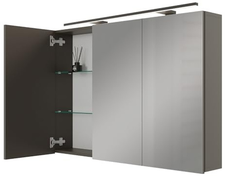 Planetmöbel ARIA Spiegelschrank Bad mit Beleuchtung 100 cm | breit, Badschrank hängend mit Spiegel, Anthrazit, mit Leuchte und Steckdose, Spiegelschrank Gäste WC 100 x 70 x 16 cm