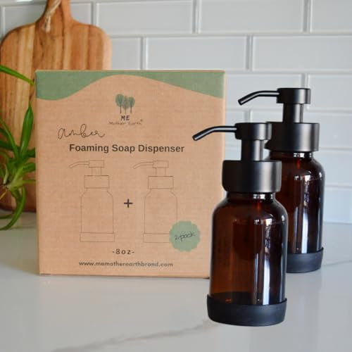 ME MOTHER EARTH Amber Glass Foaming Soap Dispenser, Refillable Foaming Pump Bottle for Bathroom & Kitchen, Modern Hand Soap Dispenser for Liquid & Foam Soaps, Sleek Reusable Design (8.5 Oz) (2-Pack)