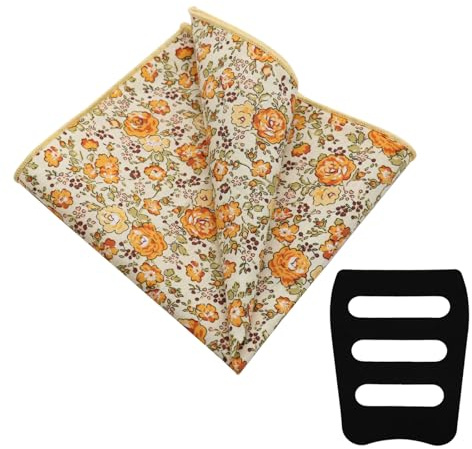 LJBFNN Floral Pocket Squares for Men, Mens Ladies Cotton Handkerchiefs with Pocket Square Holder for Wedding Party Camping (Yellow Orange Flower)