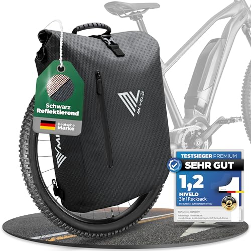MIVELO - 3in1 Fahrradtasche für Gepäckträger, 100% wasserdicht & PVC-frei, Fahrradtasche Rucksack & Umhängetasche, Fahrrad Tasche Gepäckträgertasche (Schwarz-Reflektierend)