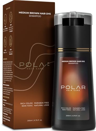 Polar Haircare - Medium Brown Shampoo Hair Dye for Women & Men, Semi Permanent Color Cleanser for Gray Coverage, Vegan Instant Tint Formula, Fast Acting Medium Brown Shade, 6.76 Fl Oz, Easy Home Use