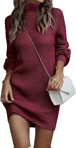 JFAN Vestito Donna Invernale Elegante Casual in Maglione Collo Alto Lungo Abito Caldo Lavorato a Maglia Pullover Vestiti,Borgogna,L