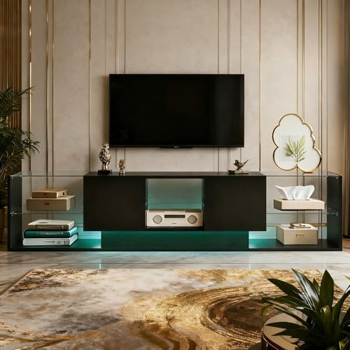 Meuble TV avec Rangement, Table Television Salon avec Lumières LED Variables, Table Tele Moderne avec Support en Verre et 2 Compartiments de Rangement, Meuble TV Bois et Noir pour Salon