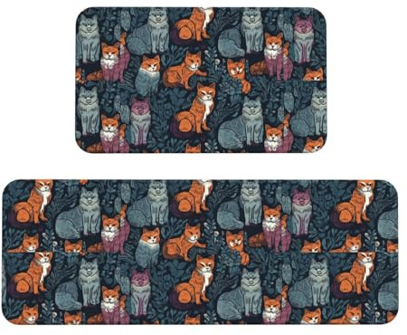Cat Print Kitchen Rugs Set of 2, Cushioned Anti-Fatigue Kitchen Mats for Floor, Waterproof Comfort Standing Mat Absorbent Velvet Kitchen Runner Rugs 17x30+17x47