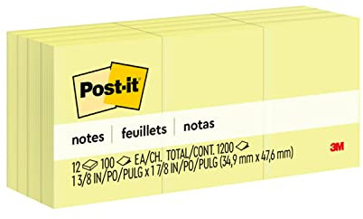Post-it Notes, 1 /3/8 x 1 7/8 in, 12 Sticky Notes Pads, 100 Sheets per Pad, Canary Yellow, The Original Post-it Note, School Supplies and Oﬃce Products