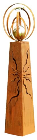 Gartendekoshop24 - Gartendeko Metall, Rost, konische Rostsäule, 100 cm mit Edelstahlkugel und Rostbänder in Kugelform, für draußen. Handgemachte Säule Edelrost mit Muster, Outdoorbereich, wetterfest.