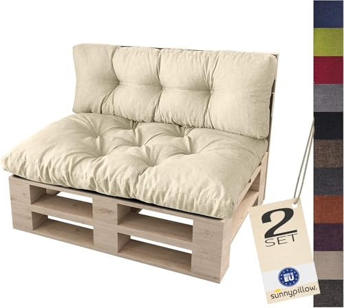 sunnypillow set 2 Coussins pour palette Euro Canapé Jardin Salon - Siège 120 x 80 x 12 cm + Appui 120 x 40 x 15 cm - Extérieur - Différentes Tailles et Couleurs à Choisir Assise Dossier - Ecru - Crème