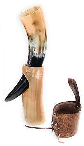 Viking Drinking Horn Mugs 10oz | Handmade Real Horn 9-12 Cups for Ale Wine Beer Chalice Norse Tankard THOR LOTR Vikings Style Gift for Men - Birthday Christmas Anniversary (Drinking Horn)