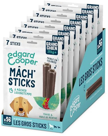 Edgard Cooper Leckerli für Hunde, Minze & Erdbeere, 7 Stäbchen x 8 Stück, groß, Einer pro Tag, kalorienarm, effektiv, langes, effektives Kauen, frischer Atem