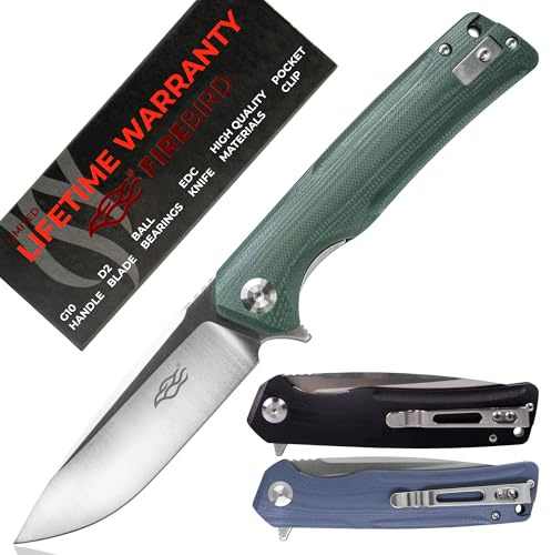 Firebird FH91-GB Cuchillo Plegable de Bolsillo Hoja de Acero D2 88 mm G10 Mango Antideslizante con Clip Camping Caza Pesca Cuchillo de Bolsillo al Aire Libre 119 g (Verde)