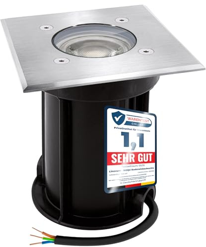 linovum BOQU Bodeneinbaustrahler eckig IP67 GU10 2W warmweiß befahrbar | Befahrbarer Bodenstrahler bis 500kg eckig - warmweiß, sparsam 2W, für Wege & Beete, inkl. Einbaudose, IP67, inkl. GU10 LED