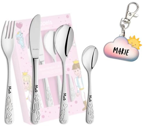 KIDDI-MEDIA Kinderbesteck Prinzessin mit Namen, 4-teilig | Namensanhänger als Geschenk, dauerhafte Lasergravur, Made in Germany