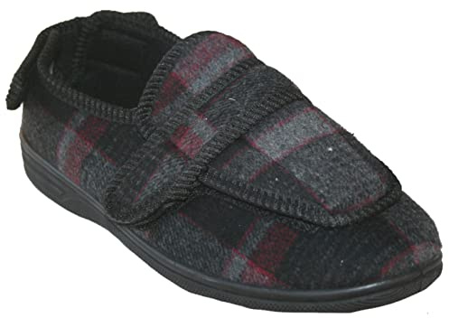Mens Diabetic Orthopaedic Comfort Luxury Slippers Shoes Wide FIT Adjustable Strap Size UK 7-14 (Black/Burg, numeric_10)