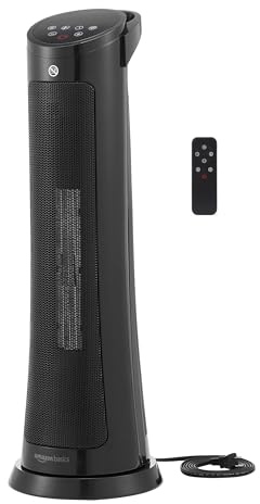 Amazon Basics 28-Inch Oscillating Tower Heater With Overheat and Tip-Over Protection, Fast Heating, 2 Heat Settings, Fan Mode, Timer, Remote Control, LED Display, 1500W, 9.4D x 9.4W x 28.6H, Black