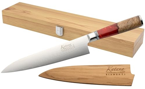 Katana Saya Elements 20 cm Gyutomesser, Vulkanisches Rot – VG-10-Damaststahl mit hohem Kohlenstoffgehalt für extreme Robustheit und Schärfe – Griff aus natürlichem Olivenholz und Harz